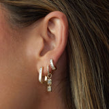 Gold Frame Double Baguette Diamond Huggie Charm on Diamond Mini Huggie Earring