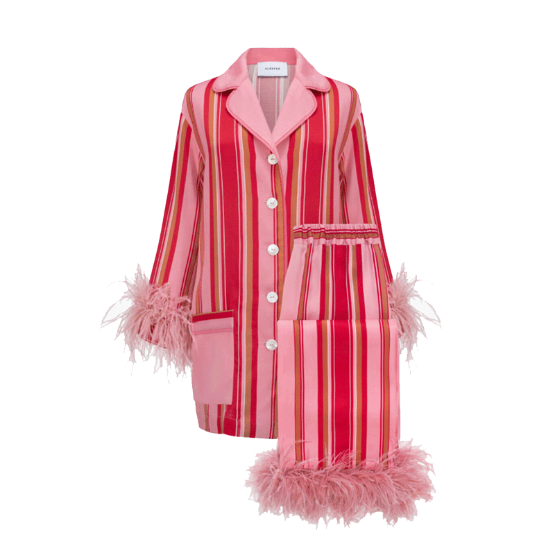 Party Pajama w Detachable Feathers in Pink Stripes